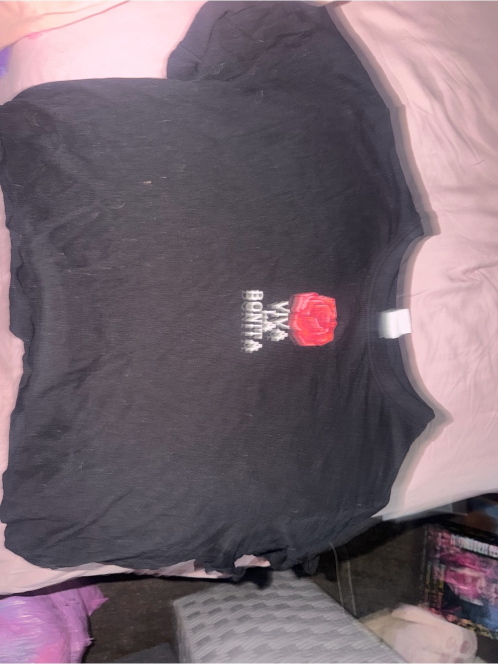 Vibe Black Crop Tee with Pink Rose Accent
